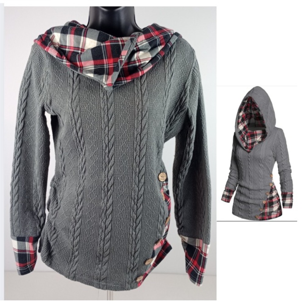 Dressfo Women's 8 Gray Knit Red Plaid Accents Long Sleeve Hooded Sweater